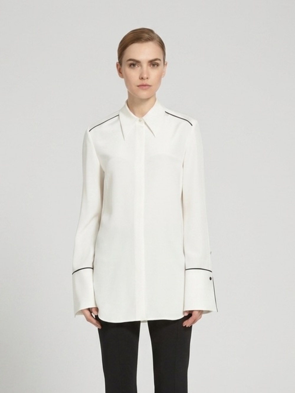 St. John Stretch Silk Crepe de Chine Blouse Oversized Contrast Trim Size Large